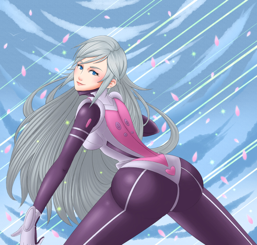 1girl artist_request ass blue_eyes bodysuit breasts cherry_blossoms from_behind gloves heart highres huge_ass liberation_maiden long_hair looking_at_viewer looking_back ozora_shoko sideboob silver_hair smile very_long_hair