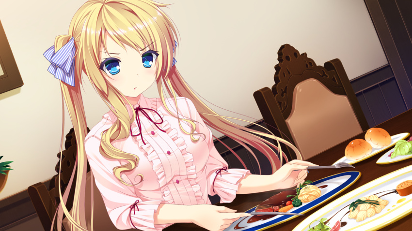 1girl blonde_hair blue_eyes blush breasts chair dish food fork game_cg hair_ribbon harvest_overray knife large_breasts long_hair looking_down mikami_lilia nironiro ribbon sitting solo table twintails usume_shirou