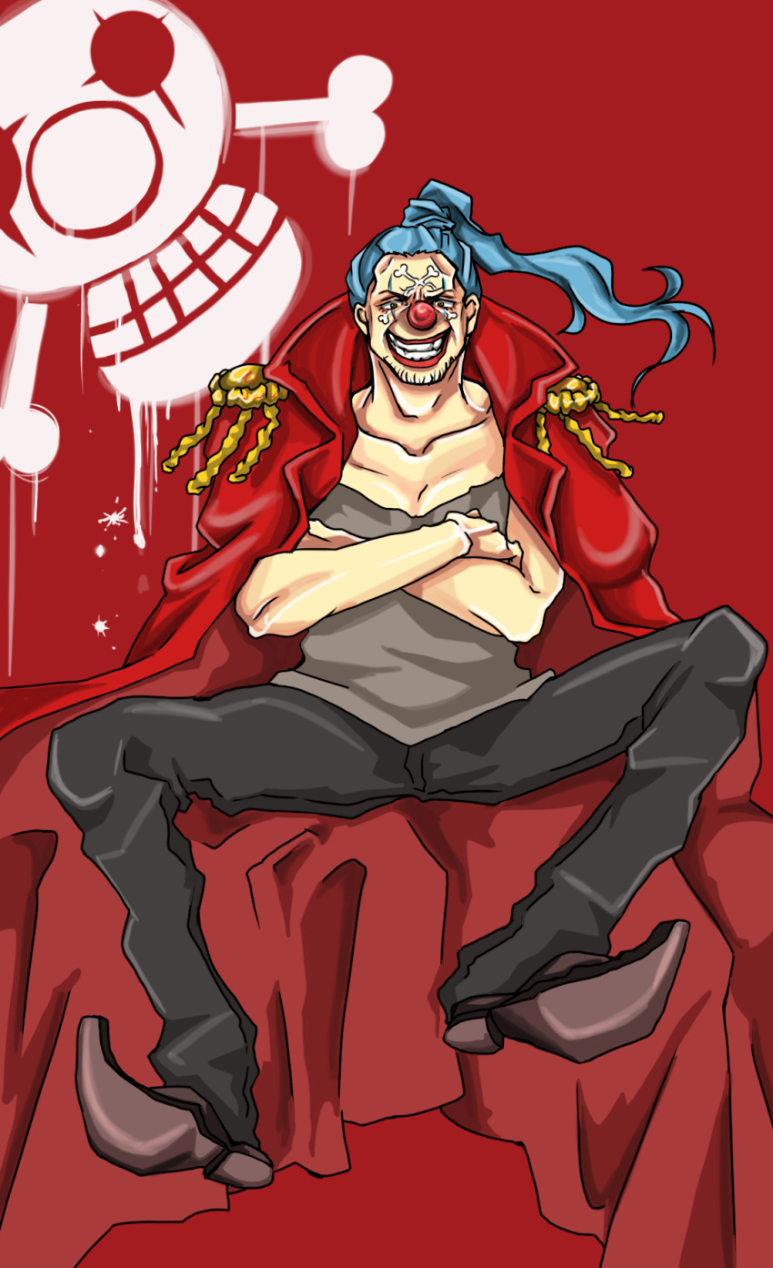 1boy blue_hair buggy_the_clown crossed_arms epaulettes jacket_on_shoulder jolly_roger long_hair male_focus one_piece pirate ponytail smile solo