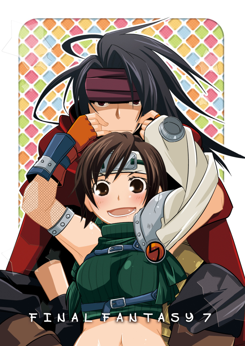 1boy 1girl black_hair blush breasts brown_eyes brown_hair couple discuss_ion final_fantasy final_fantasy_vii fingerless_gloves forehead_protector gloves headband highres long_hair looking_at_viewer number open_mouth polka_dot polka_dot_background red_eyes short_hair star teeth text vincent_valentine yuffie_kisaragi