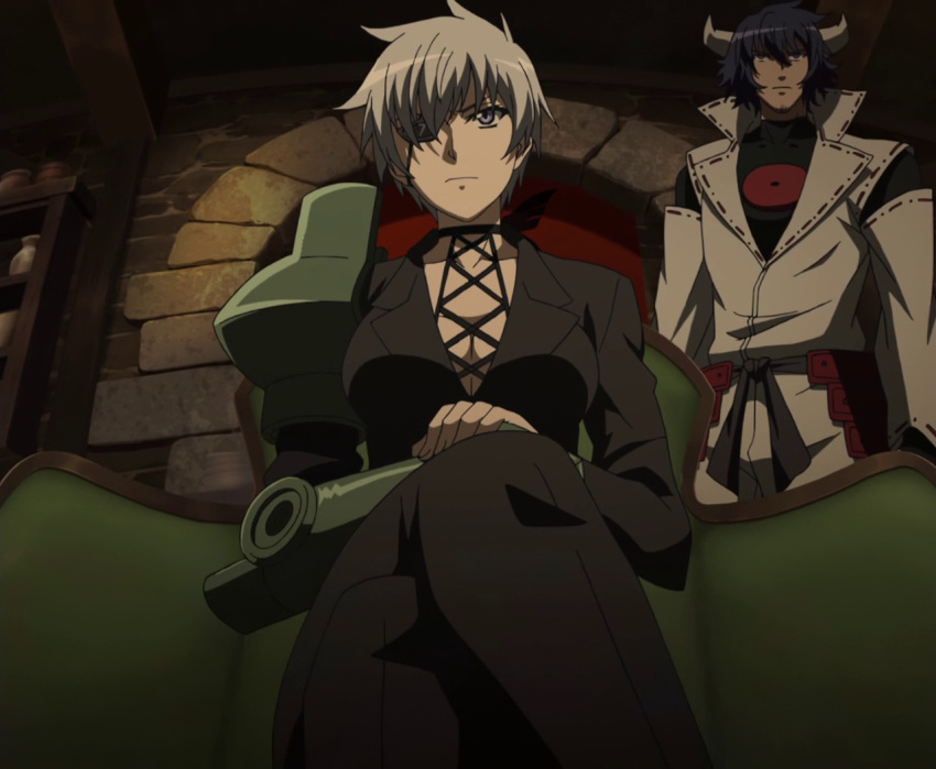 1boy 1girl akame_ga_kill! belt breasts business_suit cleavage detached_sleeves dougi eyepatch fishnet_top fishnets hands_together horns jacket large_breasts legs_crossed long_sleeves mechanical_arm najenda screencap short_hair silver_hair sitting standing stitched violet_eyes