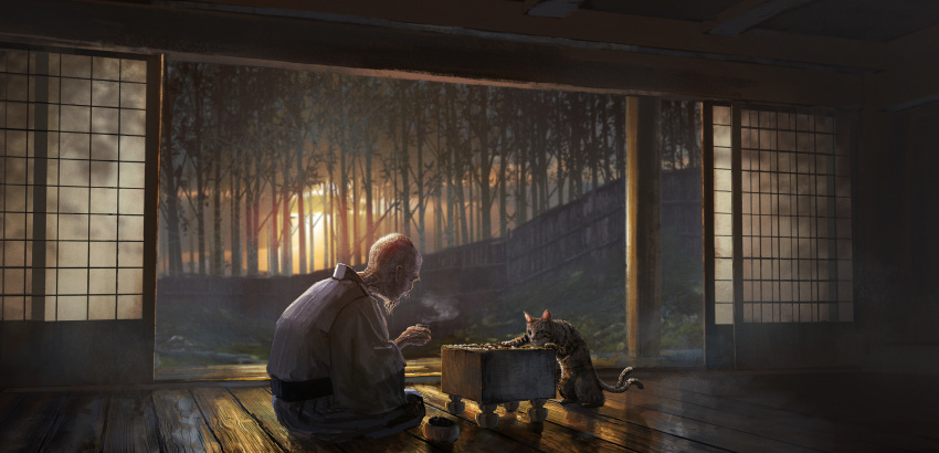 1boy absurdres animal bald bamboo beard board_game cat clouds commentary_request couldoh cup facial_hair fence garden go_(board_game) highres holding holding_cup indoors japanese_clothes kimono multiple_tails nekomata obi old old_man original playing_games sash scenery shouji sitting sliding_doors sunset tail two_tails wooden_floor youkai