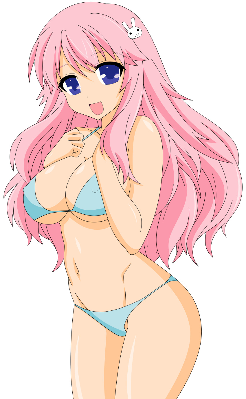 1girl absurdres baka_to_test_to_shoukanjuu bangs bare_midriff bikini blue_eyes breasts cleavage erect_nipples hair_ornament hairclip highres himeji_mizuki hips large_breasts legs long_hair looking_at_viewer mound_of_venus navel open_mouth photoshop pink_hair simple_background smile solo standing swimsuit thighs tongue transparent_background vector_trace