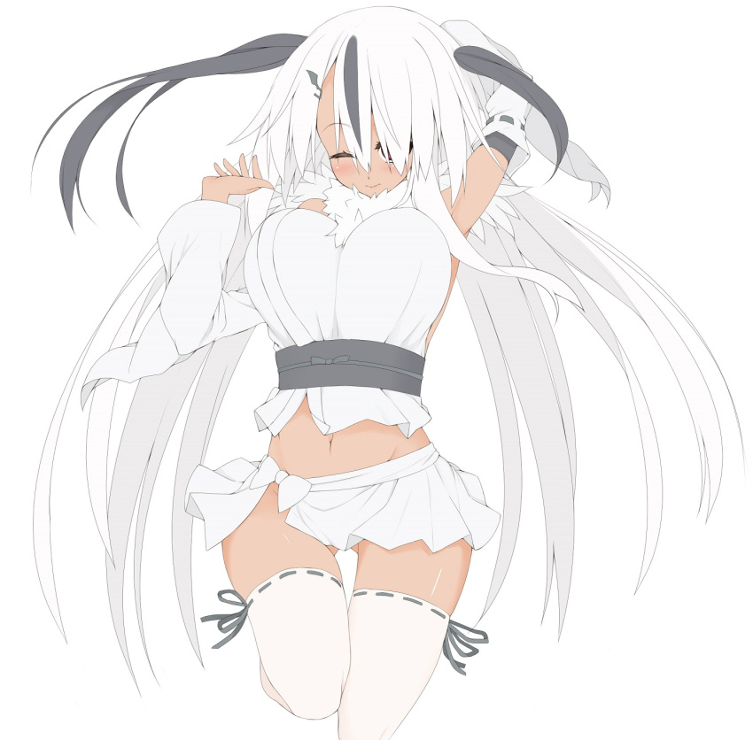 1girl absol bouncing_breasts breasts dark_skin hair_over_one_eye large_breasts midriff natsuki_straight navel personification pokemon ribbon-trimmed_legwear ribbon-trimmed_sleeves ribbon_trim solo thigh-highs white_hair