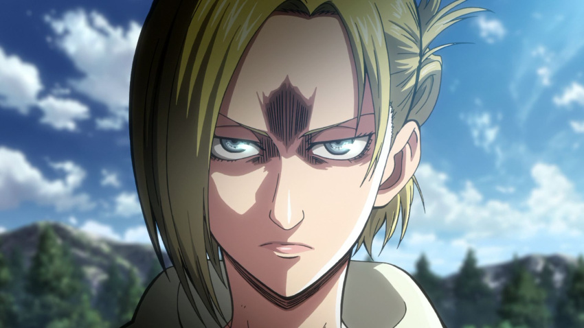 1girl angry annie_leonhardt blonde_hair blue_eyes looking_at_viewer shingeki_no_kyojin solo