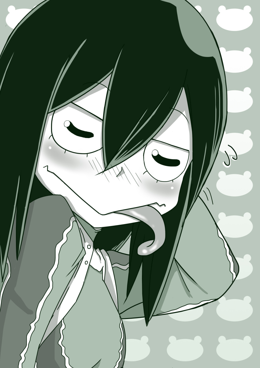 1girl artist_request asui_tsuyu black_hair blush boku_no_hero_academia closed_eyes female frog_girl gloves highres long_hair long_tongue monochrome monster_girl scratching_head solo tongue tongue_out