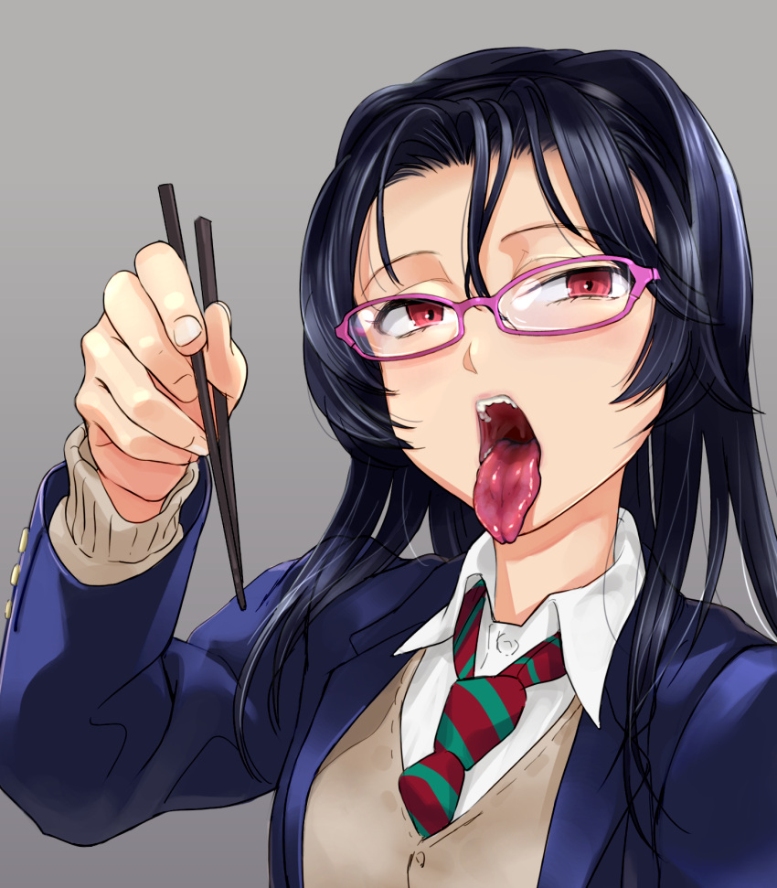 1girl black_hair chopsticks dokiyuri glasses highres long_hair looking_at_viewer necktie original red_eyes school_uniform simple_background sweater_vest tongue tongue_out