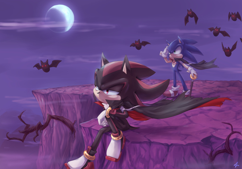 2boys artist_request bandage bat cane cape crescent_moon gloves green_eyes halloween highres male_focus moon multiple_boys no_humans red_eyes shadow_the_hedgehog shoes sitting smile sonic sonic_the_hedgehog