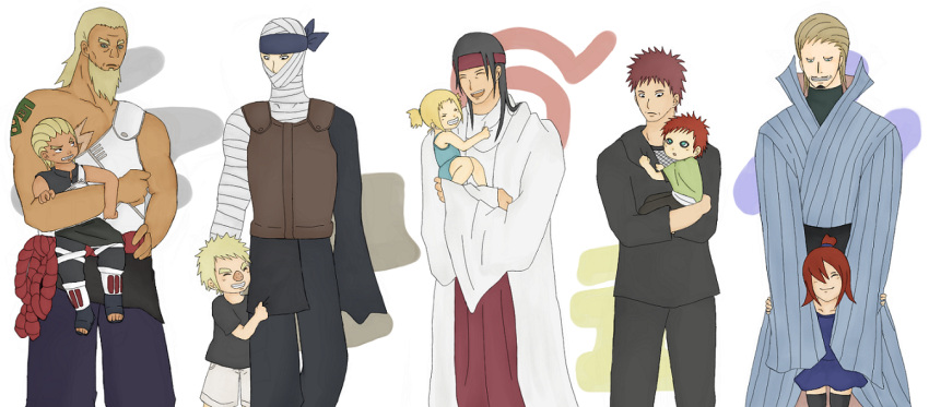 2girls 6+boys a_(sandaime) a_(yondaime) bandage beard facial_hair gaara headband hoozuki_gengetsu kotapo long_hair mu_(naruto) multiple_boys multiple_girls naruto naruto_shippuuden oonoki_(naruto) rasa_(naruto) senju_hashirama terumi_mei tsunade