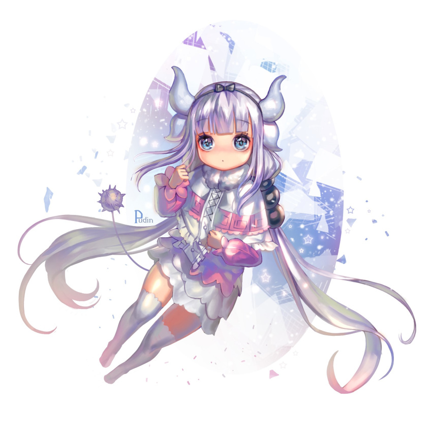 1girl bangs beads blue_eyes blunt_bangs capelet clenched_hands commentary_request dragon_girl dragon_horns dragon_tail flat_chest full_body fur_collar hair_beads hair_ornament hairband highres horns kanna_kamui kobayashi-san_chi_no_maidragon lavender_hair long_hair looking_at_viewer low_twintails over-kneehighs pudin solo tail thigh-highs twintails very_long_hair white_legwear zettai_ryouiki