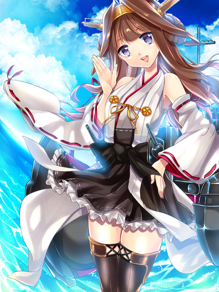 1girl brown_eyes brown_hair hairband japanese_clothes kantai_collection kongou_(kantai_collection) long_hair looking_at_viewer nontraditional_miko open_mouth poko_(mammypoko) solo thigh-highs wide_sleeves
