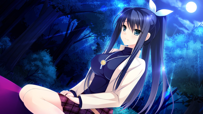 1girl blue_eyes blue_hair blush breasts clouds collar forest game_cg hair_ribbon highres jacket kidou_kaede kimishima_ao large_breasts legs long_hair looking_away mitsu_king moon moonlight nature night otome_ga_kanaderu_koi_no_aria ponytail ribbon sitting skirt sky smile solo thighs tree zinno