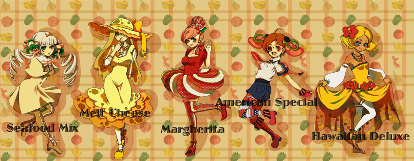 5girls ahoge anklet aqua_eyes arms_behind_back bangs bare_shoulders barefoot bell_pepper blonde_hair blue_eyes blunt_bangs boots bow broccoli brown_eyes brown_hair capelet cheese choker dark_skin detached_sleeves dress drill_hair english fingerless_gloves flower food food_as_clothes food_themed_clothes food_themed_hair_ornament fruit gloves green_eyes hair_bun hair_flower hair_ornament hand_to_own_mouth hat hibiscus high_heels jewelry long_hair multiple_girls necklace necktie open_mouth original pantyhose parted_lips pepper personification pineapple pineapple_print pizza red_dress red_shoes redhead rose shoes short_hair shorts side_slit smile strapless_dress sun_hat text thigh-highs tomato tomato_print twin_drills twintails vegetable white_legwear yellow_dress yellow_eyes