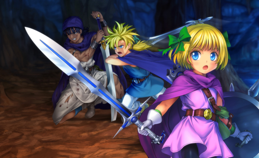 1girl 2boys absurdres bianca's_daughter bianca's_son blonde_hair blue_eyes brother_and_sister child dragon_quest dragon_quest_v father_and_daughter father_and_son hero_(dq5) highres multiple_boys mutsuki_(moonknives) ribbon shield siblings sword twins weapon