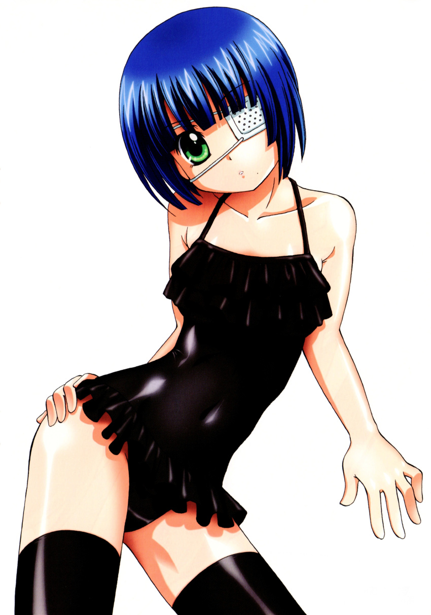 00s 1girl absurdres black_legwear blue_hair breasts covered_navel eyepatch female green_eyes head_tilt highres ikkitousen looking_at_viewer ryomou_shimei short_hair simple_background solo thigh-highs white_background