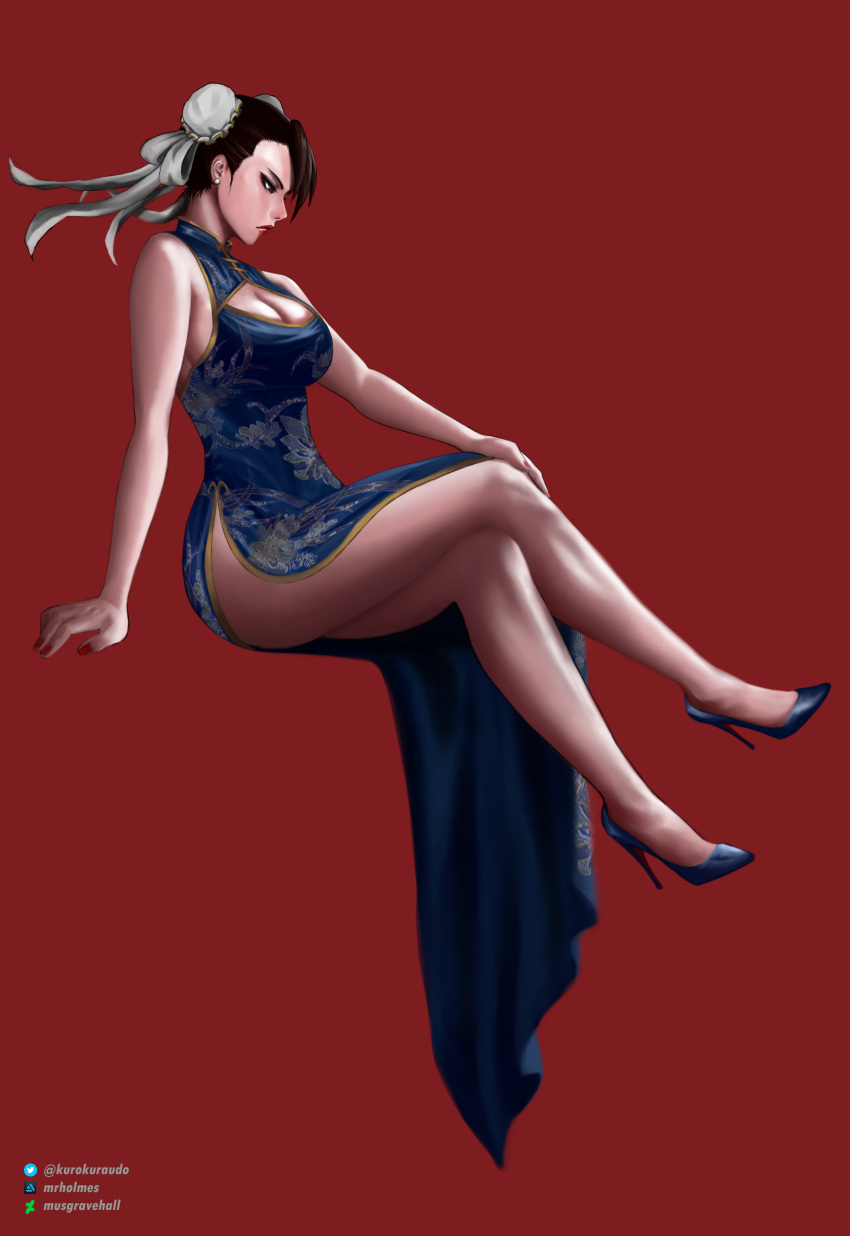 1girl absurdres breasts brown_hair bun_cover china_dress chinese_clothes chun-li cleavage double_bun dress earrings high_heels highres jewelry lipstick looking_to_the_side makeup nail_polish serious sitting solo street_fighter stud_earrings