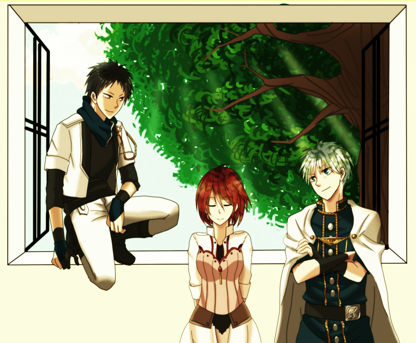 1girl 2boys akagami_no_shirayukihime black_hair blonde_hair cape clasp crossed_arms highres multiple_boys obi_(akagami_no_shirayukihime) prince redhead shirayuki_(akagami_no_shirayukihime) smile standing uniform window zen_wistalia