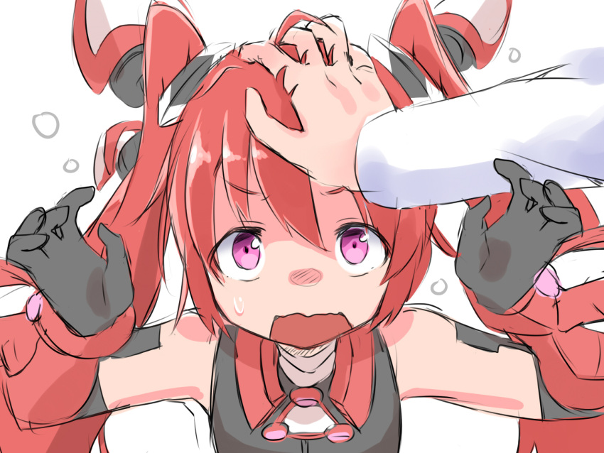 1girl elbow_gloves embarrassed flat_chest genderswap gloves hair_ornament hand_on_head long_hair mitsuka_souji ore_twintail_ni_narimasu petting pink_eyes redhead sekiraame solo sweatdrop tailred twintails very_long_hair white_background