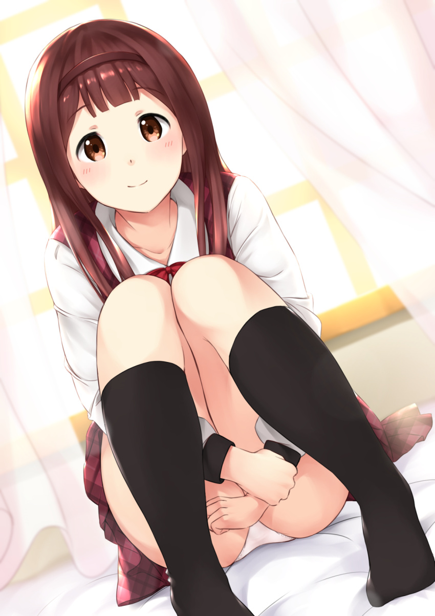 1girl bangs bashosho bed_sheet black_legwear blurry blurry_background blush brown_eyes brown_hair brown_hairband closed_mouth commentary_request curtains depth_of_field dress dutch_angle eyebrows_visible_through_hair highres idolmaster idolmaster_million_live! idolmaster_million_live!_theater_days kneehighs leg_hug long_sleeves looking_at_viewer no_shoes panties plaid plaid_dress red_dress shirt smile solo sunlight tanaka_kotoha thighs transparent underwear unmoving_pattern white_panties white_shirt window wrist_grab