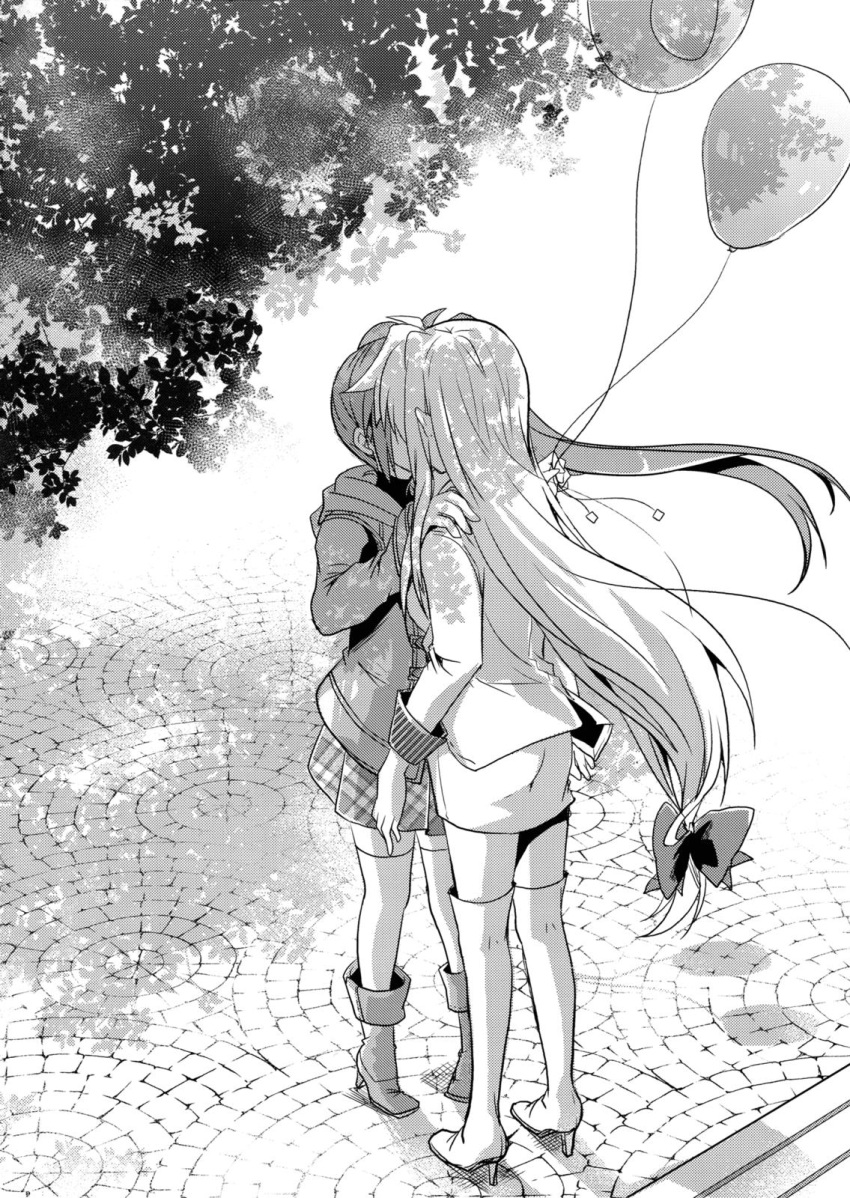 2girls artist_request balloon couple fate_testarossa female hair_ornament kiss leaf long_hair lyrical_nanoha mahou_senki_lyrical_nanoha_force mahou_shoujo_lyrical_nanoha mahou_shoujo_lyrical_nanoha_strikers mahou_shoujo_lyrical_nanoha_vivid monochrome multiple_girls ponytail skirt takamachi_nanoha tree very_long_hair yuri