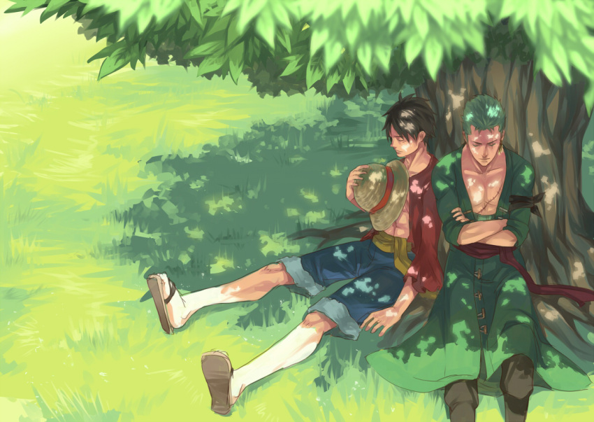 2boys crossed_arms eilinna green_hair haramaki hat headwear_removed leaning long_sleeves monkey_d_luffy multiple_boys one-eyed one_piece open_clothes open_shirt robe roronoa_zoro sandals sash scar shirt shorts sitting sleeping straw_hat tree