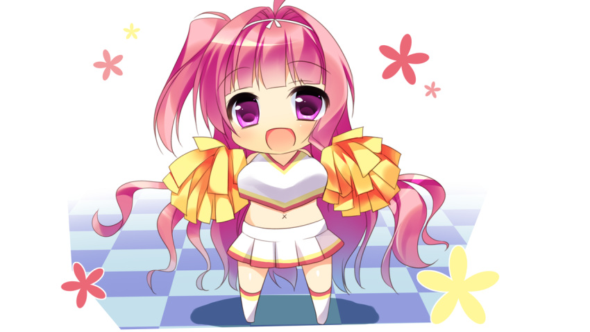 1girl blush breasts cheerleader chibi demon_busters game_cg happy hinata_ai itou_life large_breasts legs long_hair looking_at_viewer navel open_mouth pink_eyes pink_hair pom_poms simple_background skirt smile solo standing thighs