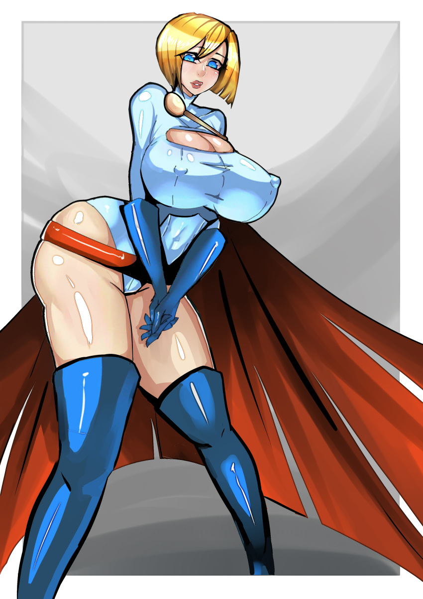 1girl absurdres belt blonde_hair blue_eyes blue_gloves breasts cape cleavage cleavage_cutout curvy dc_comics erect_nipples female gloves highleg highres huge_breasts kryptonian leaning_forward leotard lips lipstick makeup power_girl red_lipstick shiny shiny_skin short_hair solo standing thigh-highs zxc