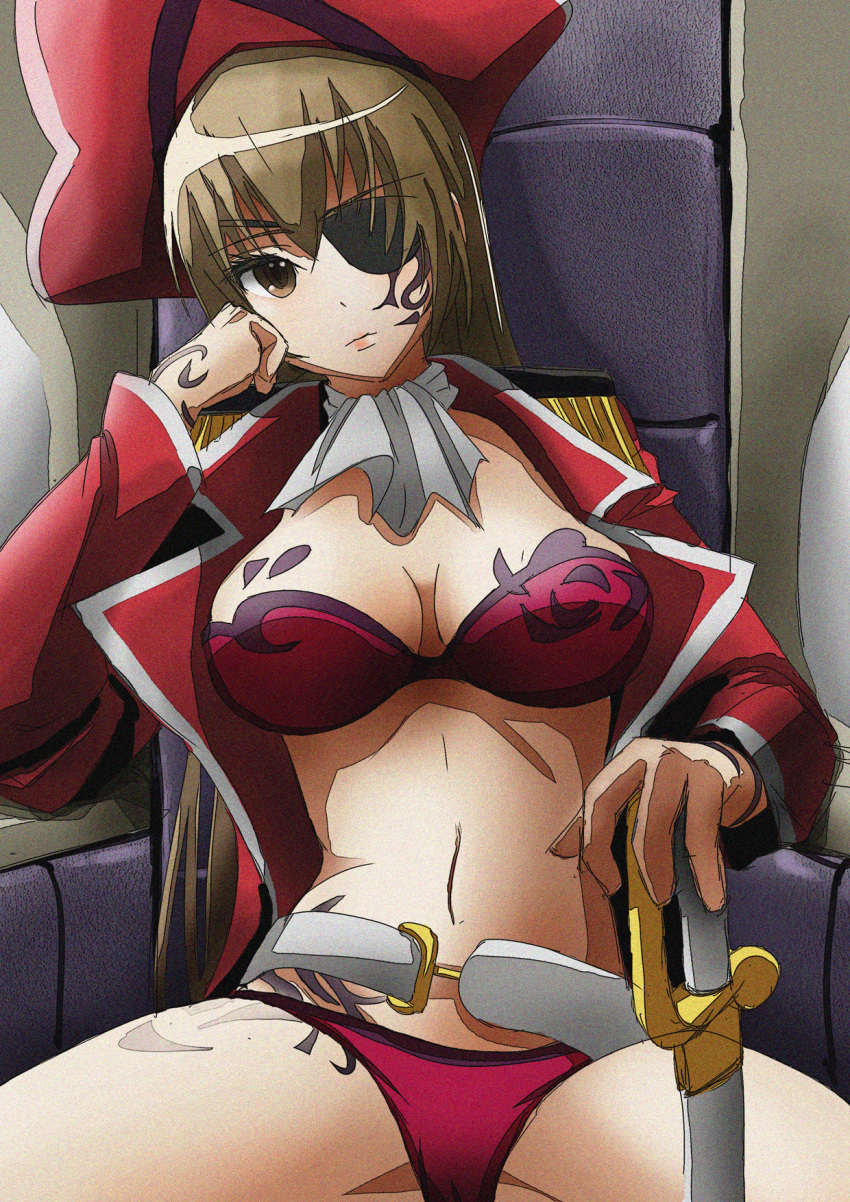 1girl amagi_brilliant_park belt bikini breasts brown_eyes brown_hair cleavage eyepatch hat highres jacket large_breasts long_hair long_sleeves looking_at_viewer navel open_clothes open_jacket pirate pirate_hat red_bikini red_jacket sento_isuzu sitting swimsuit sword thighs weapon