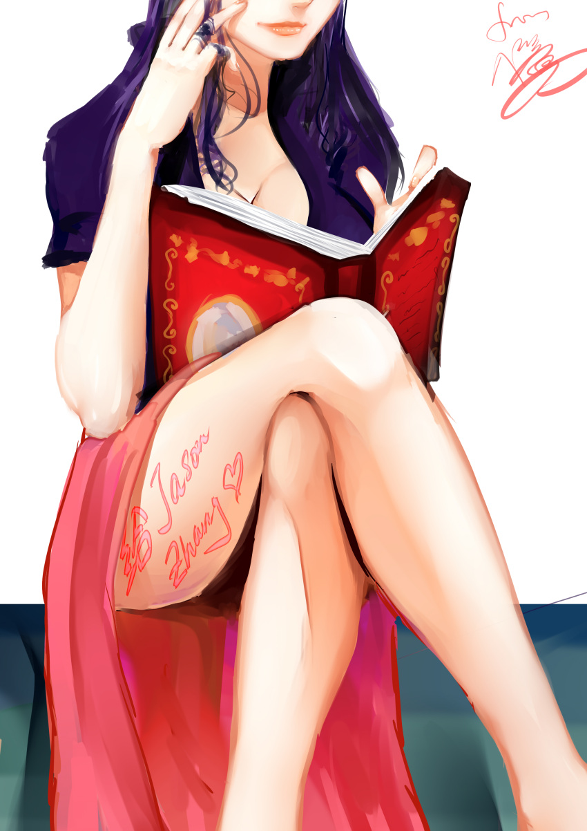 1girl 8chinchin blue_shirt book breasts center_opening cleavage highres jewelry legs legs_crossed lips long_hair nico_robin one_piece open_book open_clothes open_shirt pink_skirt purple_hair reading ring sarong shirt short_sleeves simple_background sitting skirt white_background