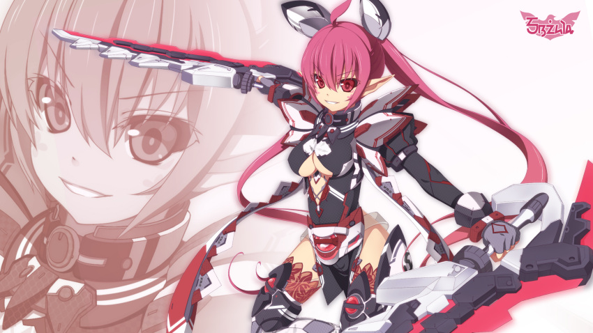 1girl armor breasts female gloves holding holding_weapon long_hair looking_at_viewer phantasy_star phantasy_star_online_2 pink_hair red_eyes smile solo sword twintails under_boob weapon yosugara_shou