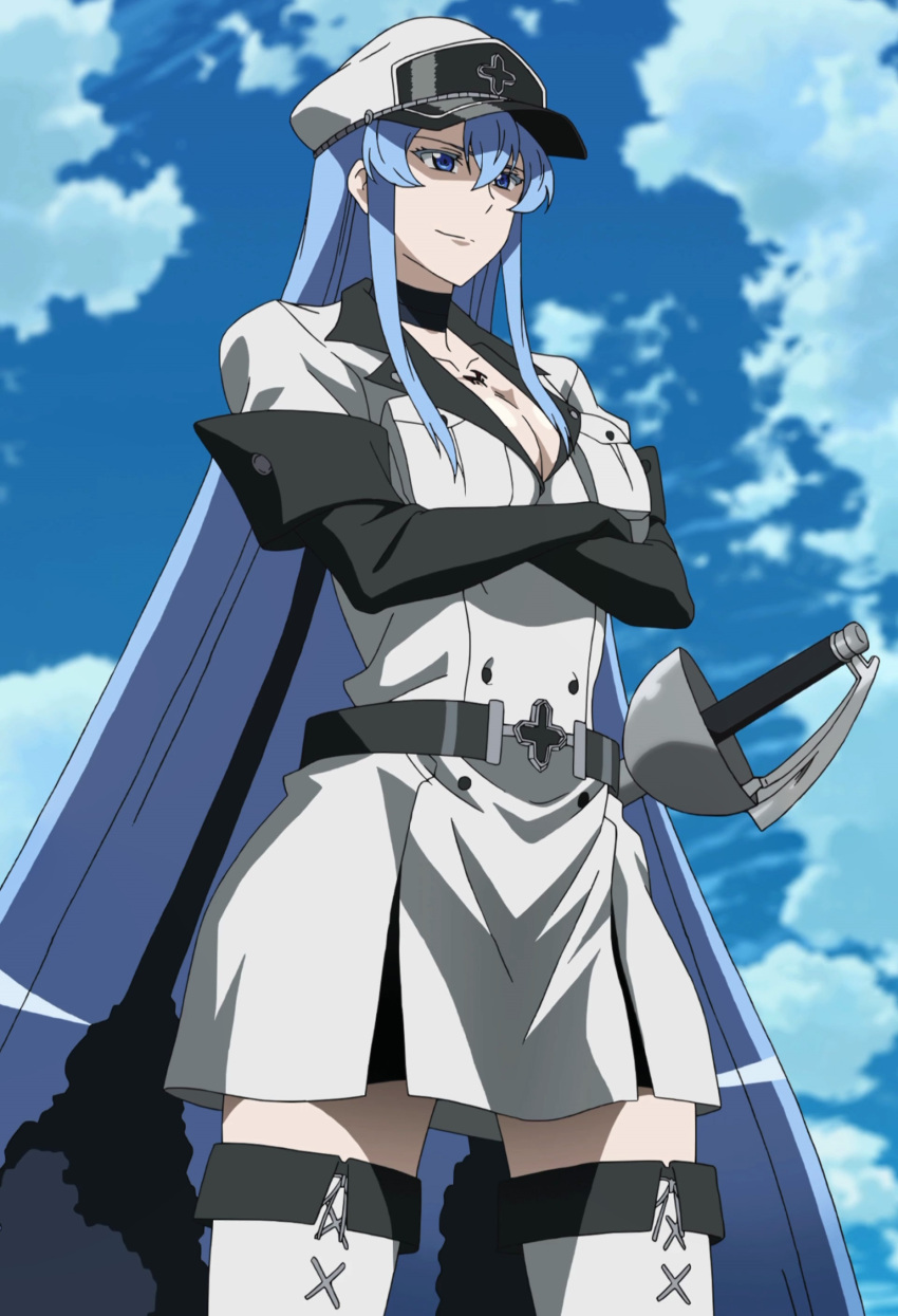 1girl akame_ga_kill! blue_eyes blue_hair breasts clouds crossed_arms esdeath hat highres large_breasts long_hair smile solo standing stitched sword tattoo uniform weapon