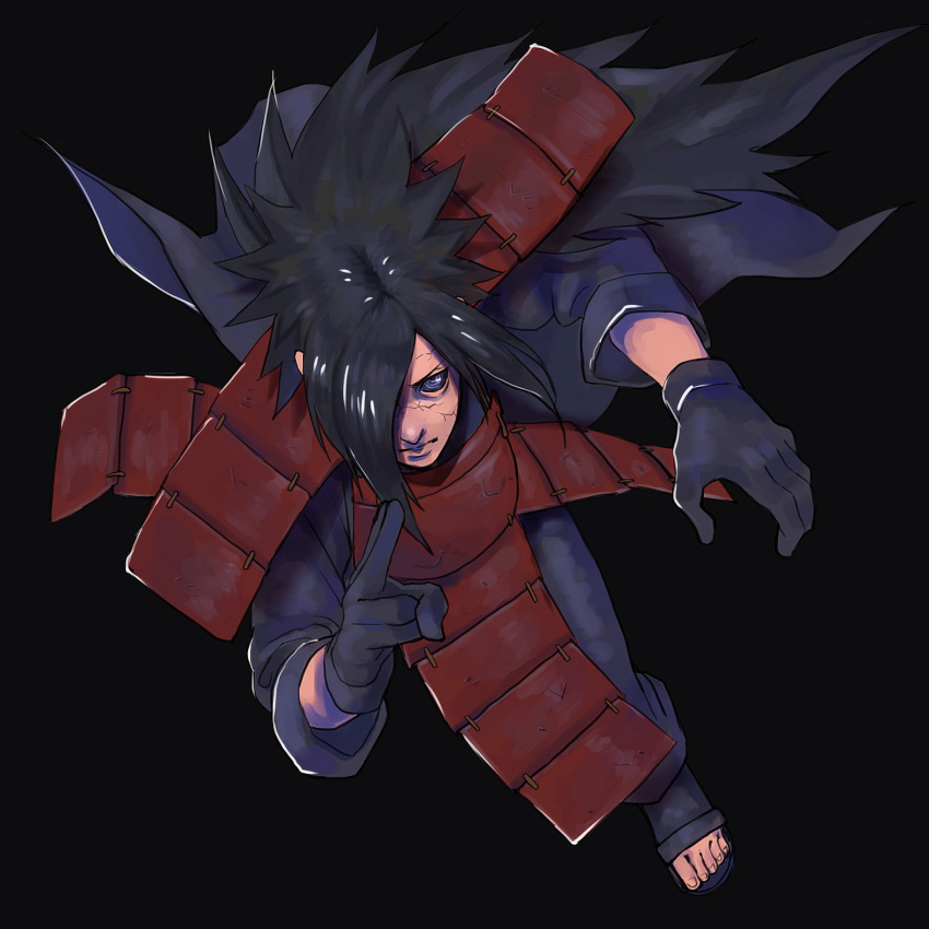 1boy armor black_background black_hair corpse edo_tensei from_above gloves hair_over_one_eye highres long_hair looking_at_viewer male_focus naruto naruto_shippuuden ninja rinnegan sandals satou_(yoshida6565) serious simple_background solo spiky_hair uchiha_madara uchiha_madara_(edo_tensei) violet_eyes