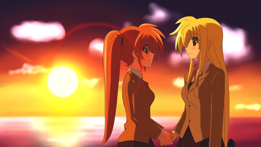 2girls artist_request beach blonde_hair blush brown_hair clouds couple eye_contact fate_testarossa female hair_ornament hand_holding happy highres long_hair looking_at_another lyrical_nanoha mahou_shoujo_lyrical_nanoha mahou_shoujo_lyrical_nanoha_a's multiple_girls ocean ponytail school_uniform smile sunset takamachi_nanoha very_long_hair yuri