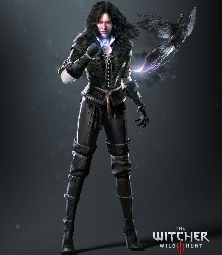 1girl animal bird black_hair crow gloves highres long_hair looking_at_viewer official_art standing the_witcher violet_eyes yennefer
