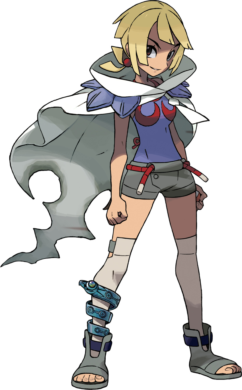 10s 1girl ankle_boots anklet blonde_hair boots breasts brown_eyes chaps cloak edit female full_body grey_legwear higana_(pokemon) highres holding holding_poke_ball jewelry looking_at_viewer nintendo over-kneehighs photoshop poke_ball pokemon pokemon_(game) pokemon_oras short_hair short_ponytail shorts shoulder_pads smile solo standing thigh-highs toeless_boots