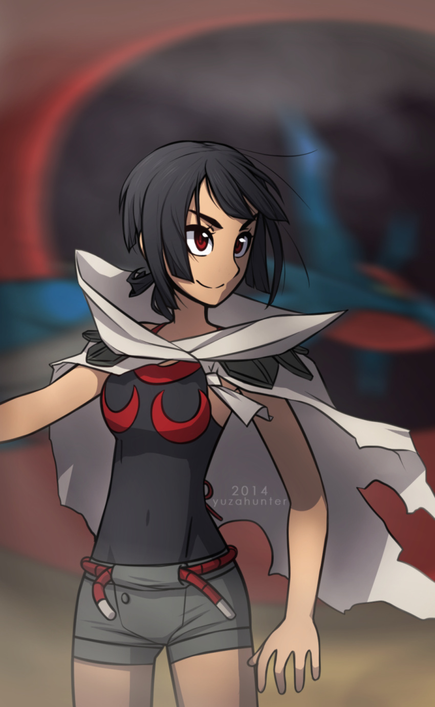 10s black_hair cape higana_(pokemon) pokemon pokemon_(game) pokemon_oras salamence shorts thigh-highs