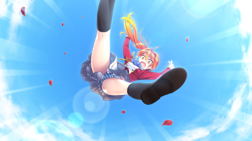 1girl character_request falling from_below hello_lady hello_lady! panties pantyshot petticoat ponytail school_uniform sky solo striped_panties tagme underwear