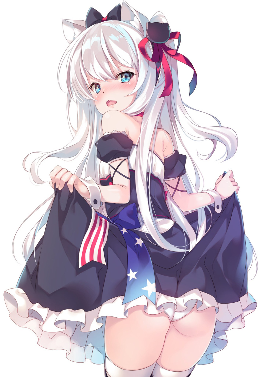 1girl american_flag american_flag_print animal_ears ass azur_lane bangs bare_shoulders black_bow black_dress blue_eyes blush bow breasts cat_ears cat_hair_ornament choker cowboy_shot detached_sleeves dress embarrassed eyebrows_visible_through_hair flag_print from_behind hair_between_eyes hair_bow hair_ornament hair_ribbon hammann_(azur_lane) highres legs_together long_hair looking_at_viewer looking_back mayuzaki_yuu one_side_up open_mouth panties print_ribbon puffy_short_sleeves puffy_sleeves red_choker red_ribbon remodel_(azur_lane) ribbon shiny shiny_hair short_sleeves silver_hair simple_background skindentation skirt skirt_lift solo standing star strapless strapless_dress thigh-highs underwear v-shaped_eyebrows white_background white_legwear white_panties wrist_cuffs
