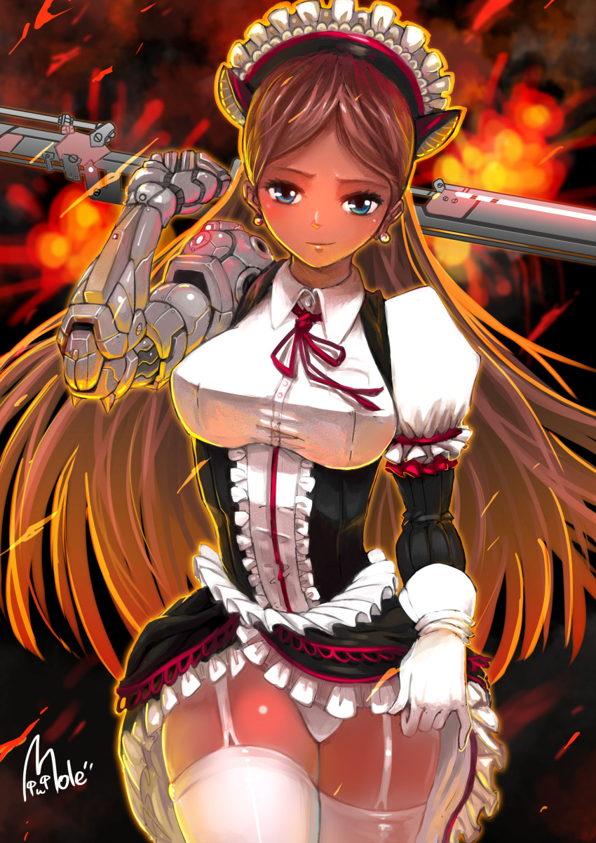 1girl blue_eyes brown_hair closed_mouth earrings female frilled_skirt frills gloves highres holding holding_weapon jewelry long_hair looking_at_viewer maid maid_headdress mole_(artist) panties skirt smile solo straight_hair sword thigh-highs underwear weapon white_gloves white_legwear white_panties zettai_ryouiki