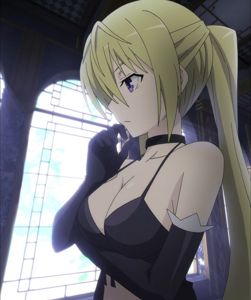 1girl blonde_hair breasts choker cleavage elbow_gloves gloves indoors large_breasts lieselotte_sherlock long_hair open_mouth screencap side_view trinity_seven twintails violet_eyes window
