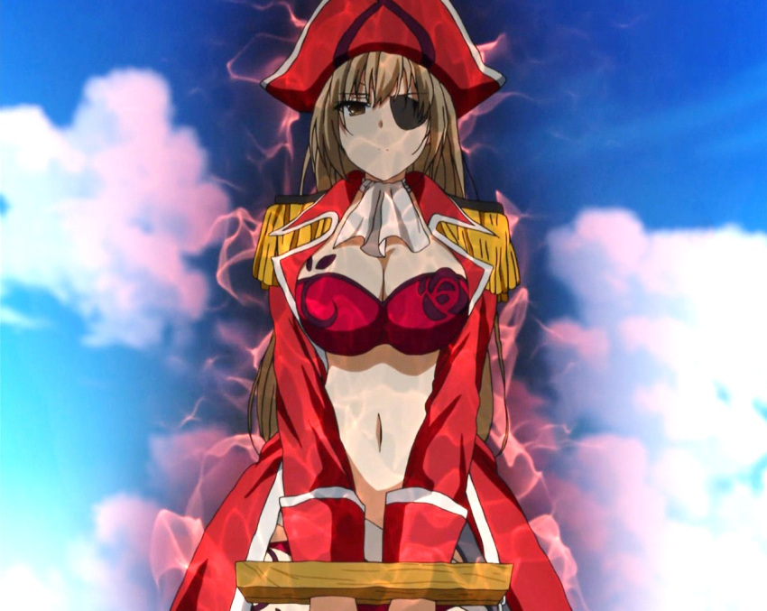 1girl amagi_brilliant_park bikini breasts brown_eyes brown_hair cleavage eyepatch hat jacket large_breasts long_hair long_sleeves looking_at_viewer navel open_clothes open_jacket pirate pirate_hat red_bikini red_jacket screencap sento_isuzu solo standing swimsuit
