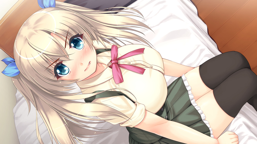 1_coin_lover 1girl angry bed blonde_hair blue_eyes blush breasts fang game_cg highres indoors large_breasts maia_(one_lover) moric one_lover one_lover_vol_1_-maia- school_uniform shirt skirt solo thigh-highs tied_hair twintails zettai_ryouiki