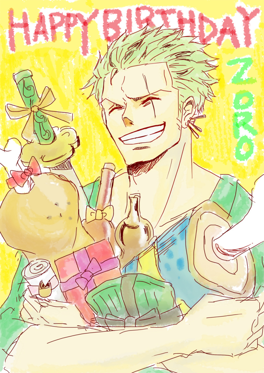 1boy bow box character_name closed_eyes food gift gift_box green_hair male_focus meat one_piece poprockgame ribbon roronoa_zoro smile teeth