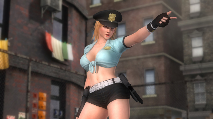 badge belt blonde_hair blue_eyes breasts dead_or_alive dead_or_alive_5 gloves gun holster large_breasts official_art short_shorts shorts tina_armstrong weapon