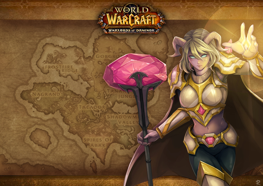1girl armor blue_skin closed_mouth dark_skin draenei female hammer highres holding holding_weapon horns looking_at_viewer magic map midriff navel rebe11 solo warcraft weapon white_hair world_of_warcraft yrel