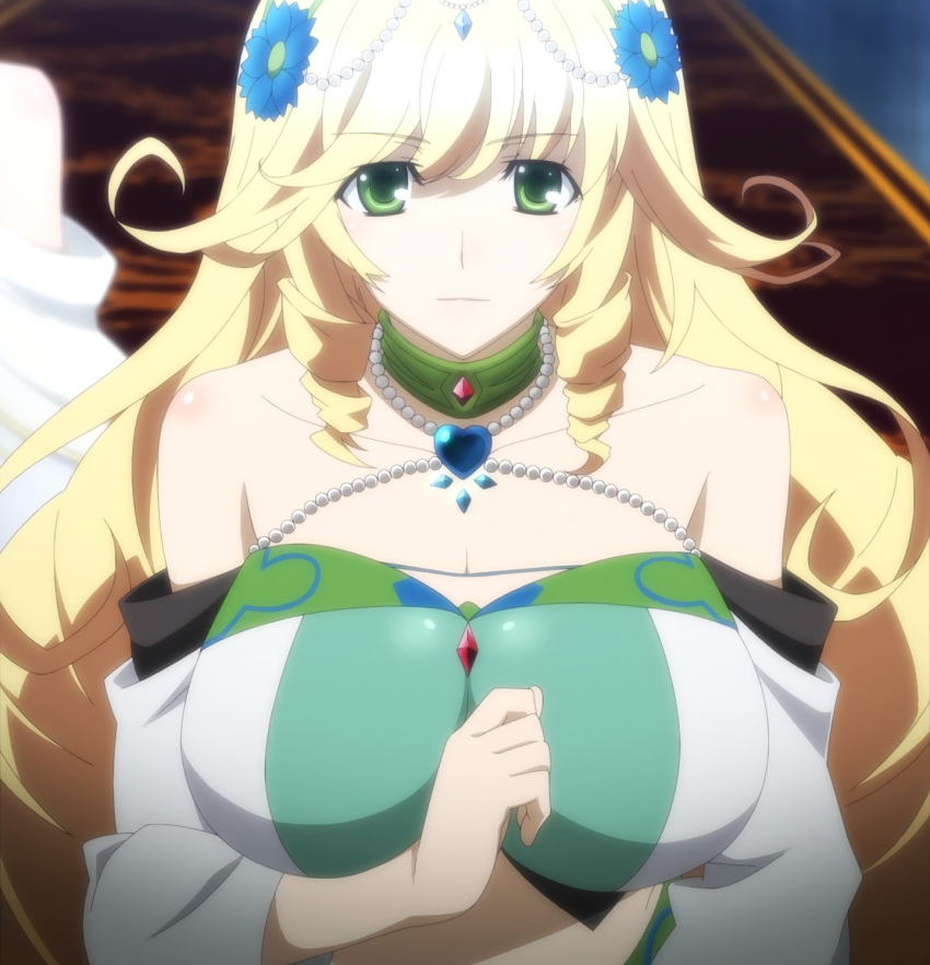 1girl bare_shoulders blonde_hair breasts cleavage collar green_eyes hair_ornament highres huge_breasts jewelry long_hair looking_at_viewer lots_of_jewelry madan_no_ou_to_vanadis midriff screencap smile sofya_obertas solo very_long_hair