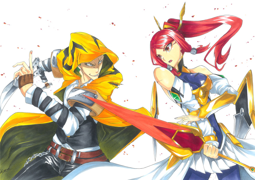 1boy 1girl arc_system_works armor armored_dress artist_request balisong bare_shoulders battle belt blazblue blazblue:_chronophantasma blood bodysuit breasts brown_eyes chains cuts dual_wielding evil_grin evil_smile green_hair grin hair_ornament hair_tubes hood injury izayoi_(blazblue) knife long_hair open_mouth pantyhose parted_lips ponytail redhead reverse_grip short_hair smile sword torn_clothes tsubaki_yayoi weapon yellow_eyes yuuki_terumi