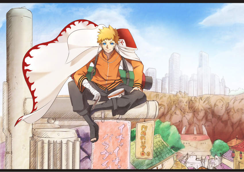 1boy bandaged_arm big.g blonde_hair blue_sky bowl cape chopsticks city mountain naruto scenery scroll sign sitting sky solo spiky_hair spoilers uzumaki_naruto whiskers