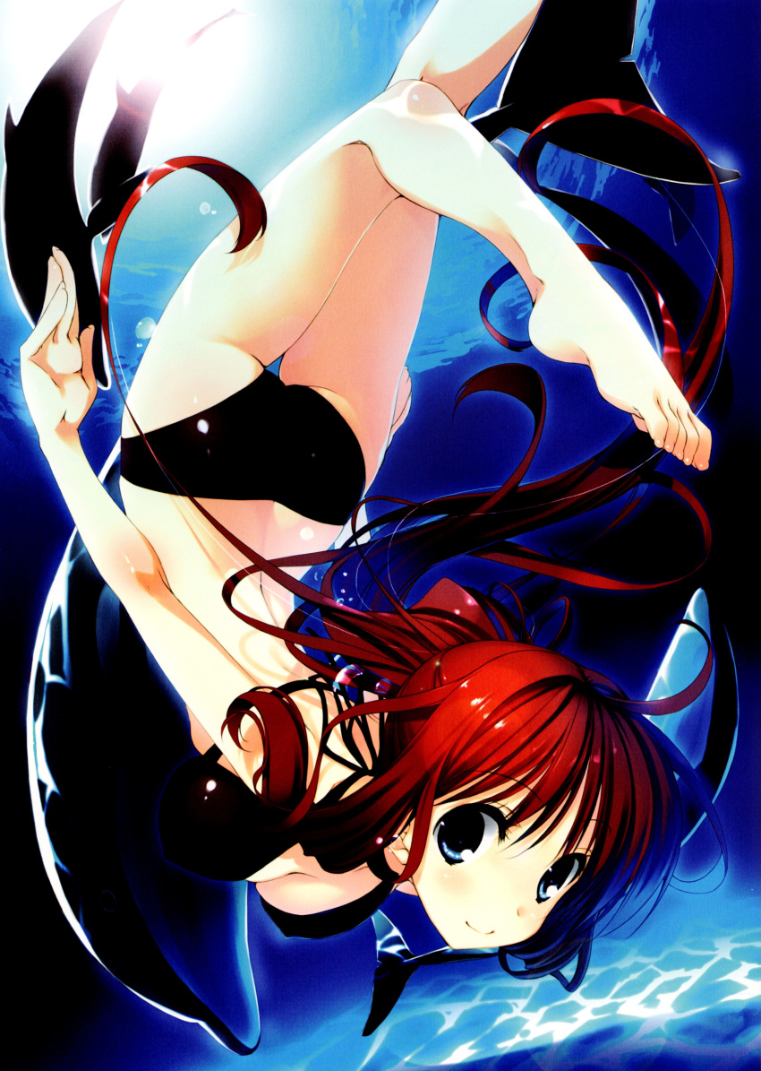 1girl absurdres ass bare_legs bare_shoulders barefoot bikini blue_eyes breasts brown_hair cleavage dolphin erect_nipples feet freediving highres kagome_(traumatize) legs long_hair looking_at_viewer original ponytail smile solo swimsuit underwater very_long_hair