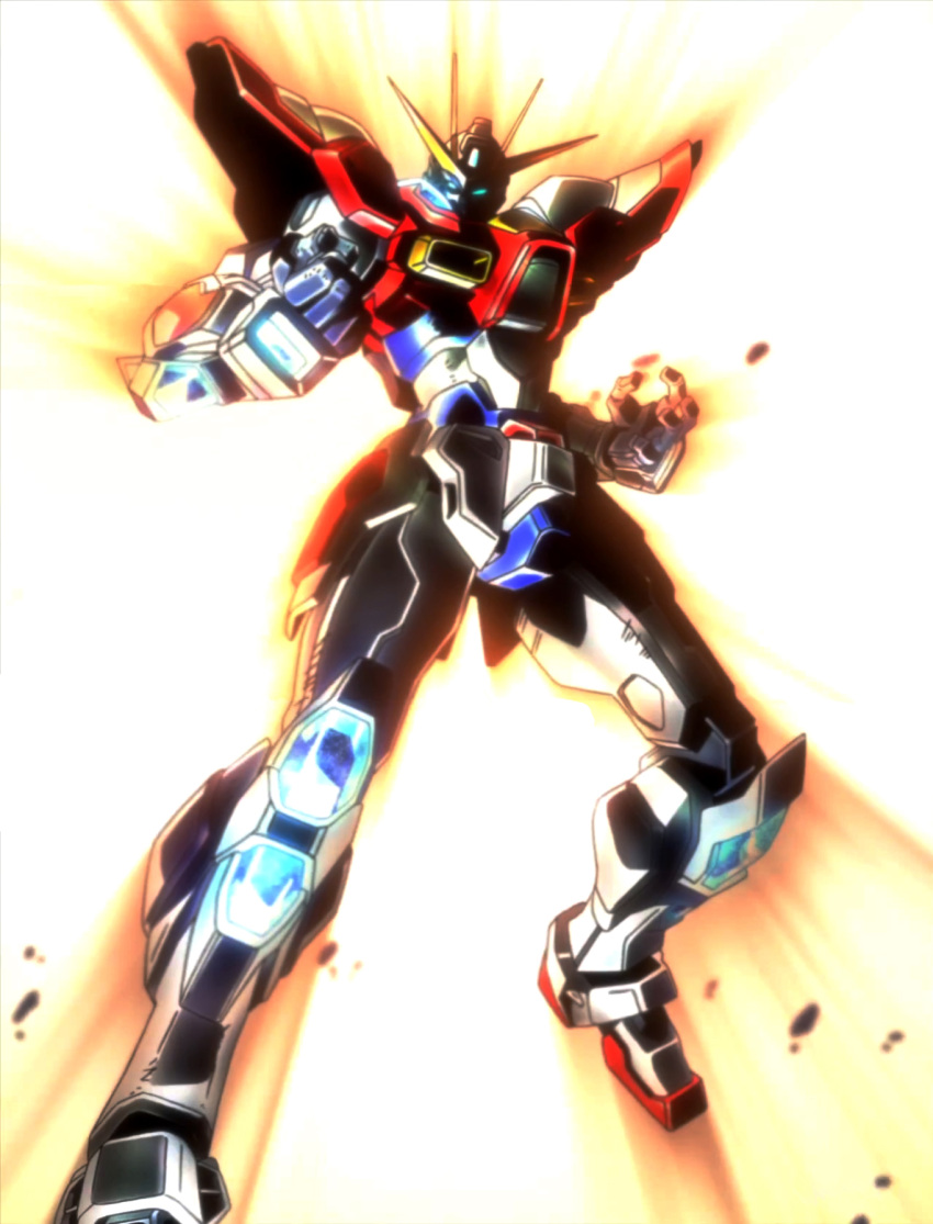 build_burning_gundam clenched_hands fire glowing glowing_eyes gundam gundam_build_fighters gundam_build_fighters_try mecha no_humans stitching